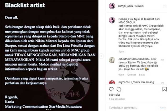 Nikita Mirzani diblacklist