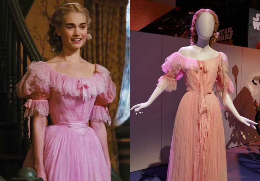 gaun cinderella lily james merah muda pink