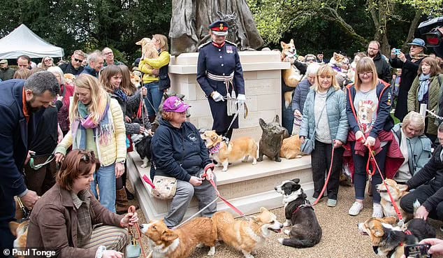 Warga dan 50 anjing corgi antusias menonton peresmian patung mendiang Ratu Elizabeth II dan Tiga Corginya. (Foto: Paul Cronge/Getty Images/DailyMail)