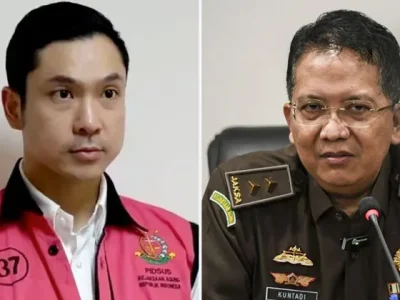 Harvey Moeis (kiri) dan Direktur Penyidikan Jampidsus Kejagung Kuntadi (kanan). Foto: Dok. Republika/ANTARA FOTO/Hafidz Mubarak A/rwa.