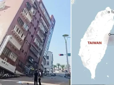 Gedung ambruk akibat gempa di Taiwan. Foto: Dok. TVBS/BBC