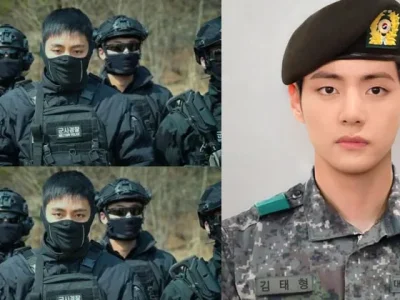 Kim Taehyung atau dikenal V BTS memakai seragam militer. Foto: Dok. koreaboo