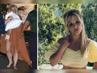 Penampilan Britney Spears yang sangat berantakan, dengan tangan mendekap bantal sambil berjalan tanpa alas kaki (kiri). Foto: Back Grid/DailyMail dan Instagram/Britneyspears