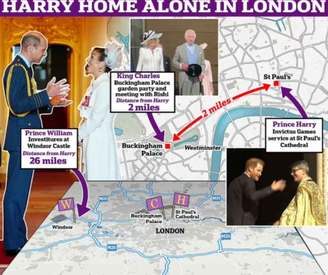 TAK BERTEMU: Gambaran peta acara Pangeran Harry yang tak jauh dari kegiatan Raja Charles III dan Pangeran William. (Foto: Getty Images/DailyMail)