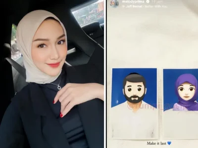 DIDUGA NIKAH LAGI: Melody Prima unggah foto berlatar belakang biru dengan calon suaminya. (Foto: Instagram/melodyprima)