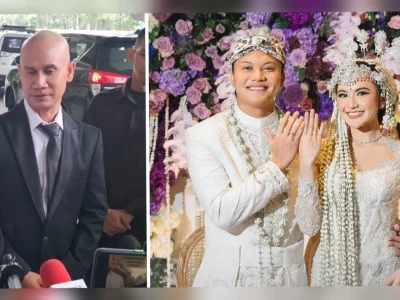 PUNYA KADO SPESIAL: Crazy Rich Bali, Ajik Krisna (kiri) menjadi saksi dari mempelai wanita di akad nikah Rizky Febian dan Mahalini. (Foto: Yanuar/Nyata dan Instagram/rizkyfbian)