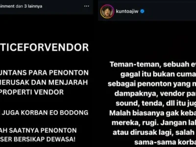 Para pekerja industri kreatif gaungkan dukungan untuk vendor yang propertinya dirusak oleh penonton di Lentera Festival Tangerang, Minggu (23/6). (Foto: Soundtainment/Kuntoajiw)