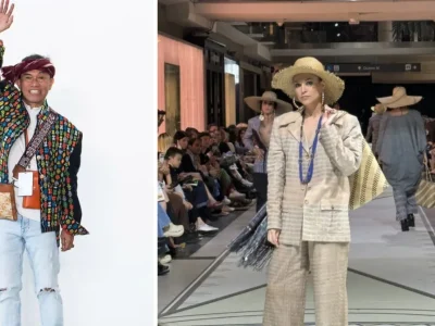Merdi Sihombing memamerkan busana modern terbuat dari kain Ulos Sitolu Huta di Indigenous Fashion Arts Festival 2024 di Toronto, Kanada, pada 2 Juni 2024 lalu. (Foto: Dok. Pri)