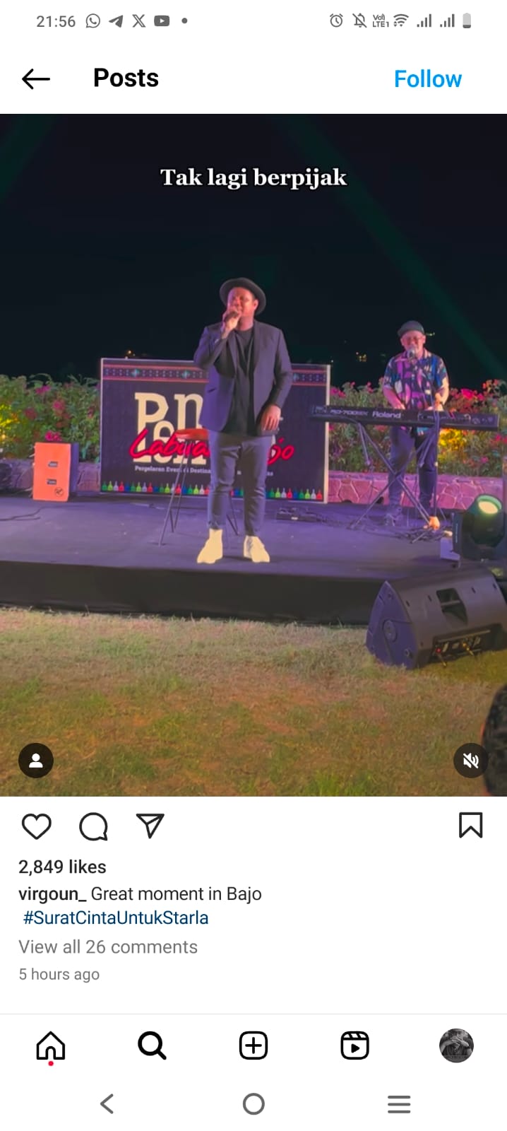 Unggahan foto Virgoun saat bernyanyi di Laboan Bajo sebelum ditangkap polisi karena narkoba. (Foto: Tangkapan layar Instagram/Virgoun) 