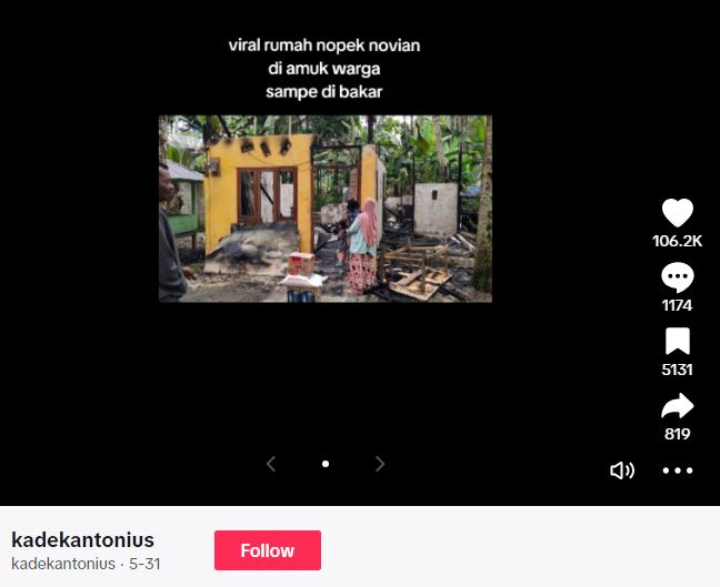 Tangkapan layar beredarnya kabar tidak benar terkait rumah Nopek dibakar. (Foto: TikTok/kadekantonius)