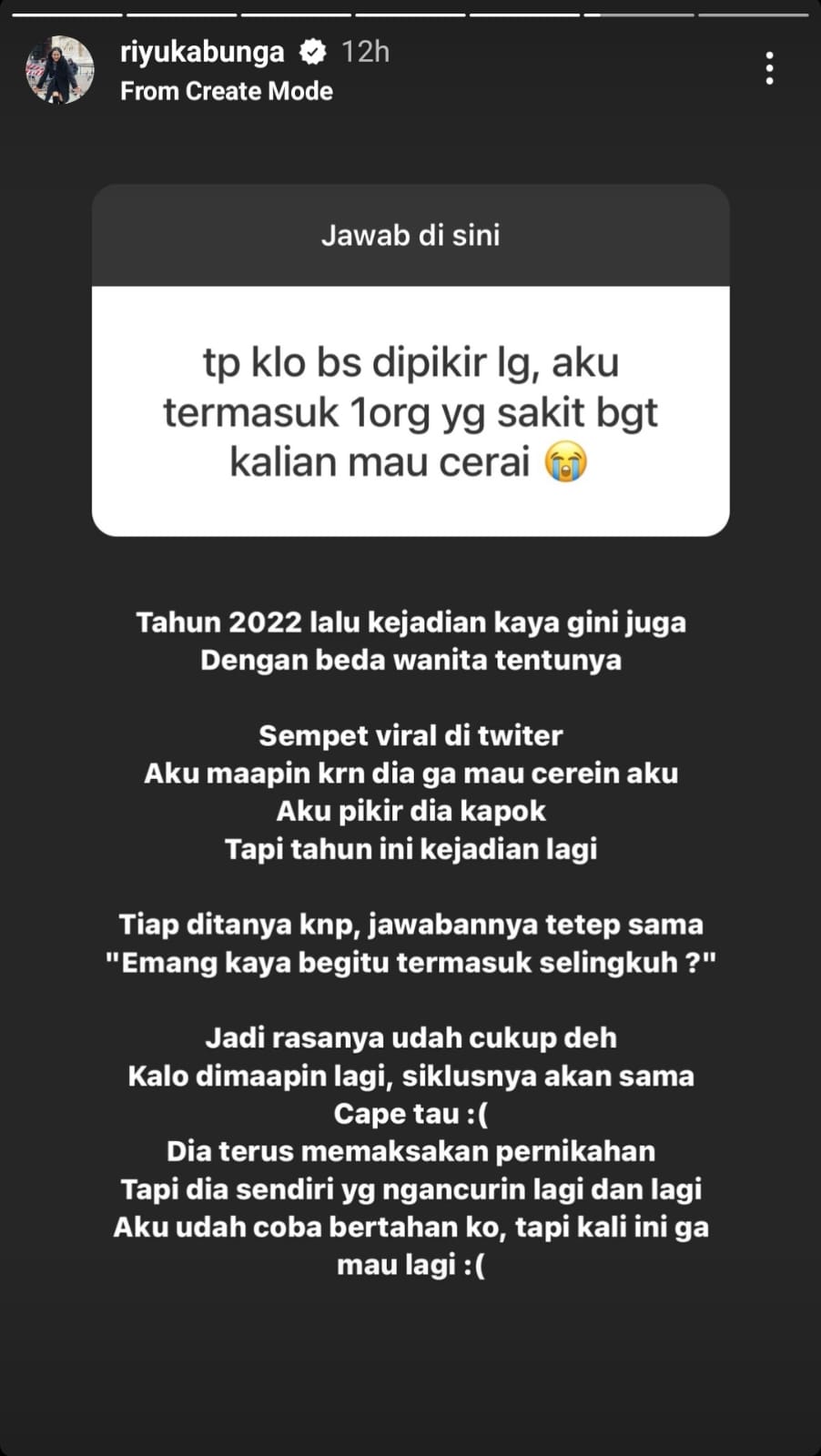 Unggahan Riyuka Bunga soal Heri Horeh yang selingkuh berulang kali. Foto: Dok. Instagram @riyukabunga