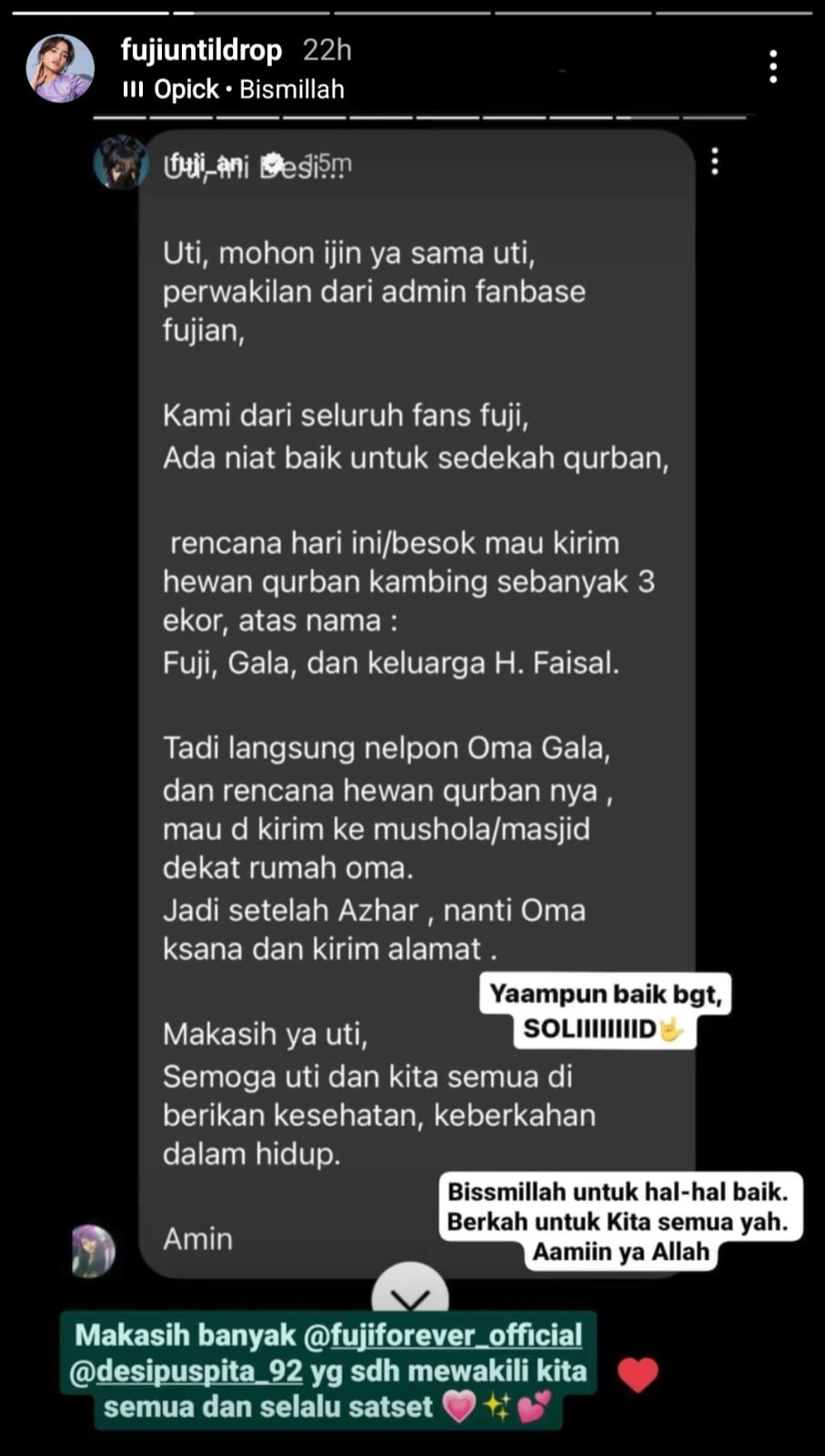 Fanbase Fuji beri sumbangan hewan kurban berupa 3 ekor kambing. Foto: Dok. Instagram @fujiuntildrop