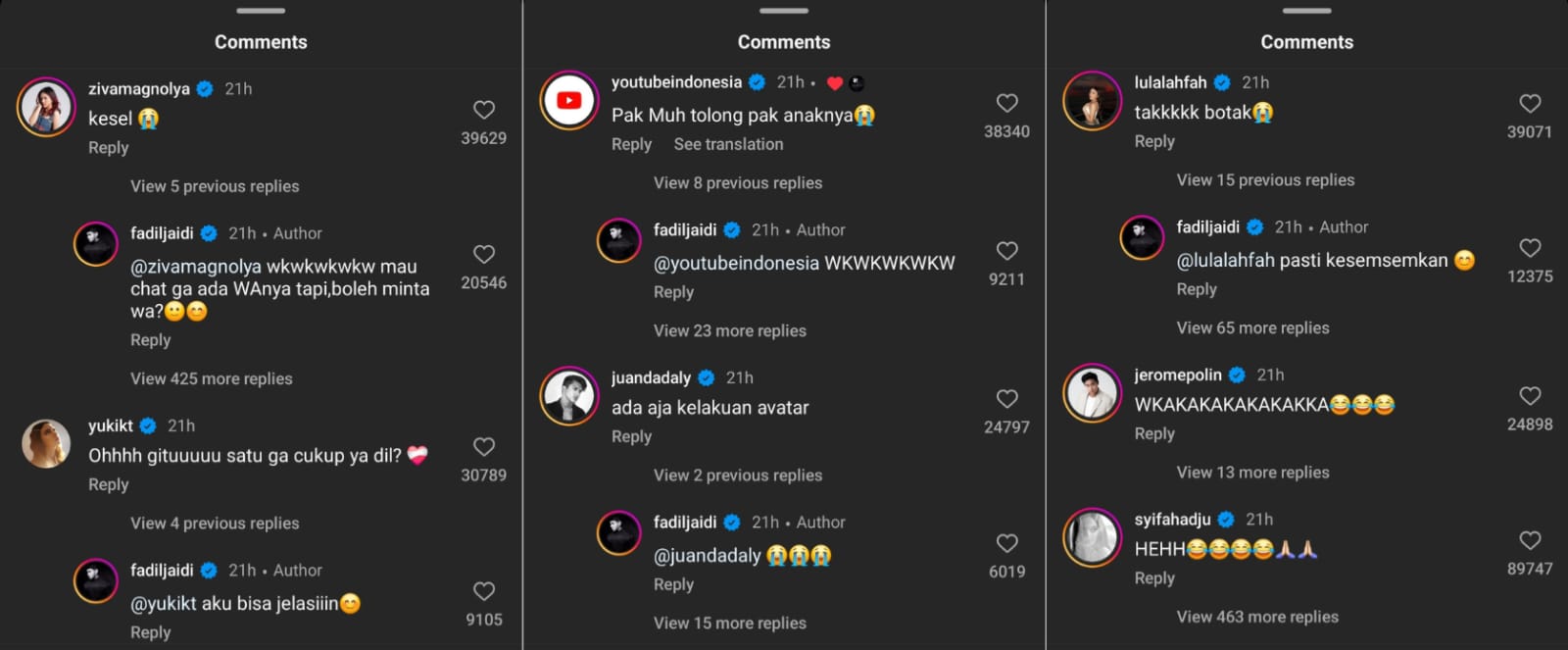 Komentar artis lain di unggahan Fadil Jaidi. Foto: Dok. Instagram @fadiljaidi