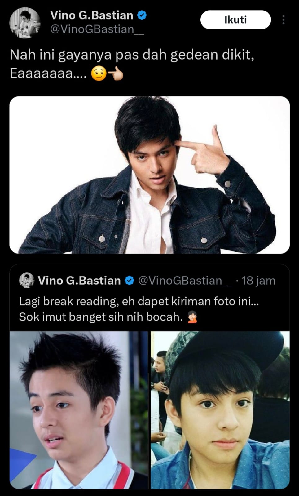 Unggahan Vino G. Bastian yang bagikan foto lawas Angga Yunanda. Foto: Dok. X @VinoGBastian__