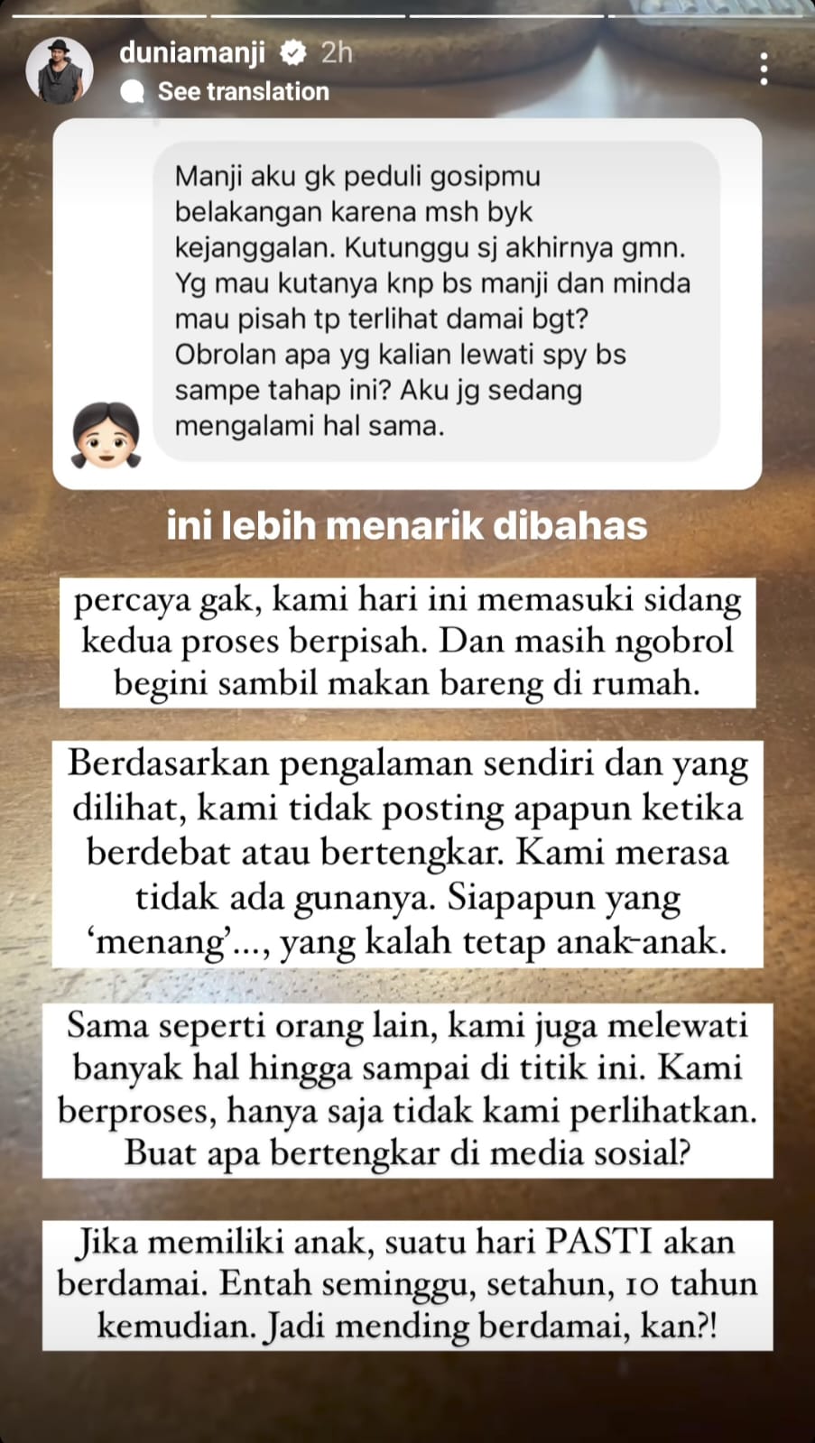 Unggahan Anji yang pamer hubungan masih akur dengan Wina Natalia meski sedang dalam proses cerai. Foto: Dok. Instagram @duniamanji