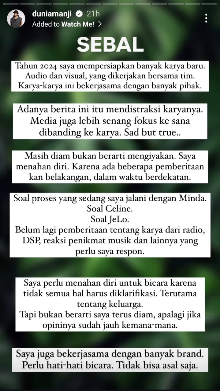 Unggahan story Instagram Anji tanggapi soal isu selingkuh. Foto: Dok. Instagam @duniamanji