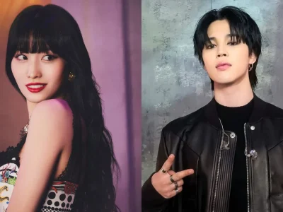 Momo TWICE dan Jimin BTS. Foto: Dok. Kolase X @JYPETWICE, @bts_bighit