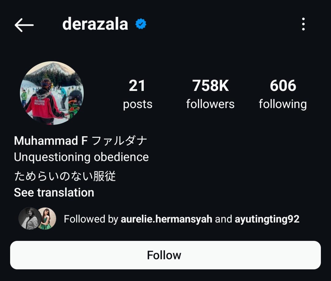 Instagram Lettu Fardhana yang kini di private. Foto: Dok. Instagram @derazala
