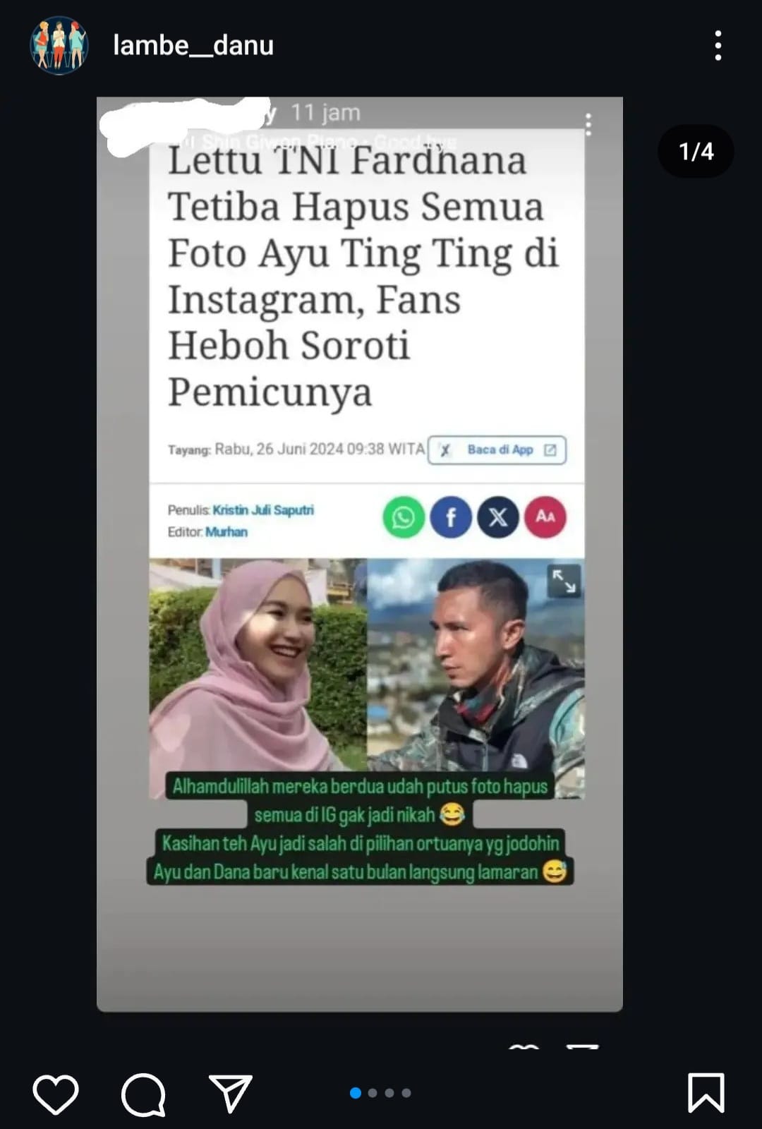 Akun gosip yang kabarkan Ayu Ting Ting dan Lettu Fardhana putus. Foto: Dok. Instagram @lambe__danu