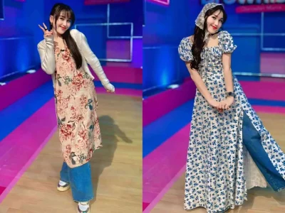 Gaya baru Ayu Ting Ting ala Korea, kombinasi dress dan jeans yang sedang kekinian (Foto: instagram/ayutingting92)