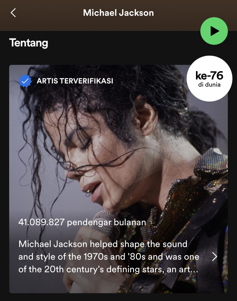 Setelah 15 tahun kepergiannya, musik-musik Michael Jackson masih menduduki posisi ke-76 dunia di Spotify, Rabu (26/6). (Foto: Spotify)
