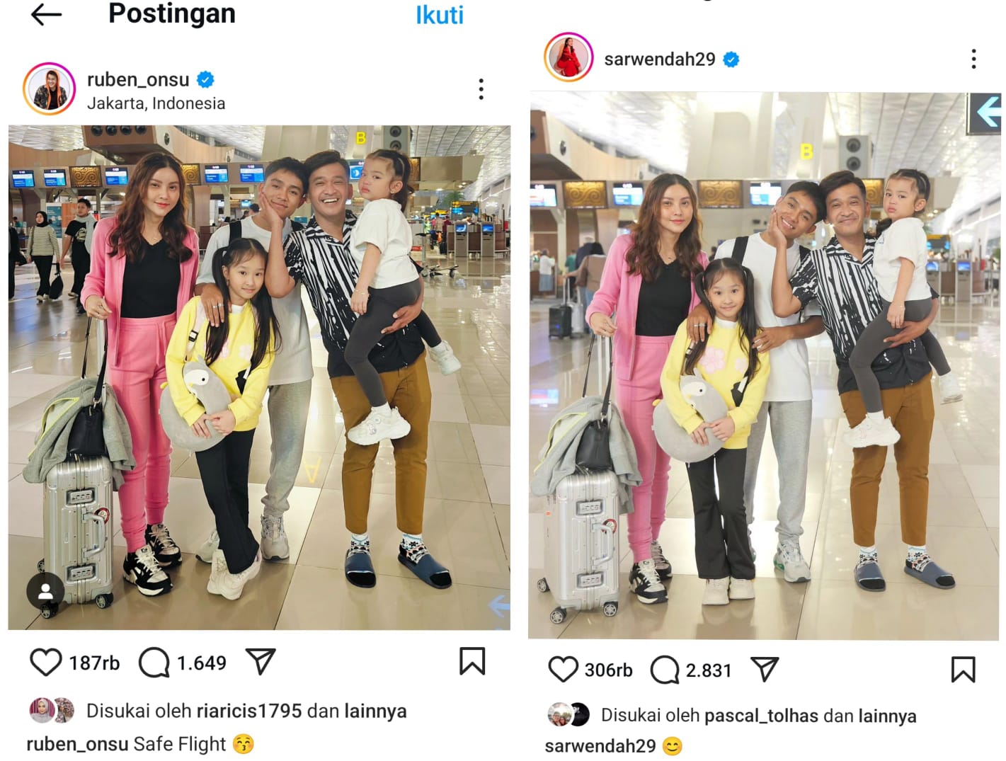 Ruben Onsu dan Sarwendah tampak kompak mengunggah foto bersama meski tengah proses cerai. (Foto: Kolase/Instagram)