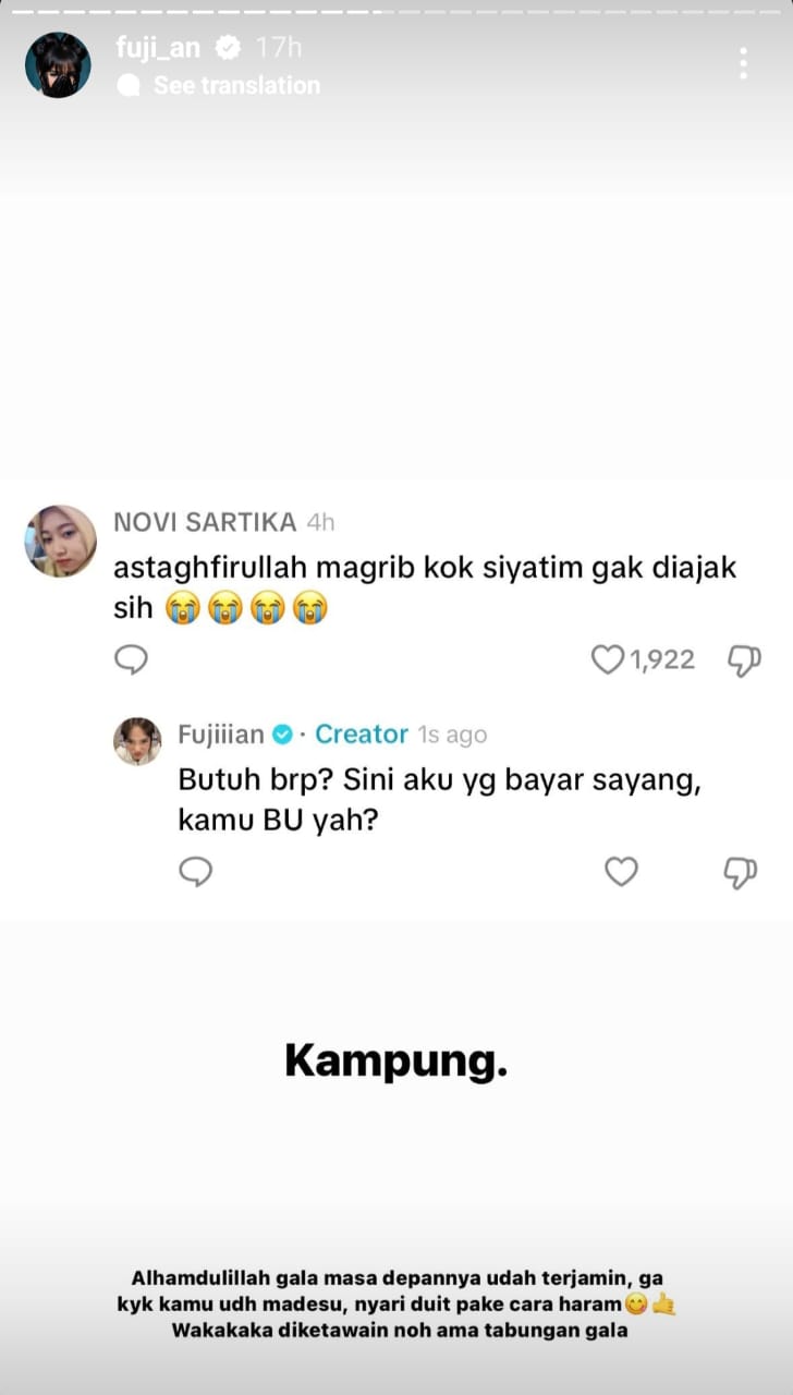 Jawaban Fuji pada komentar haters yang menyebutnya maghrib dan mengejek Gala. Foto: Dok. Instagram @fuji_an