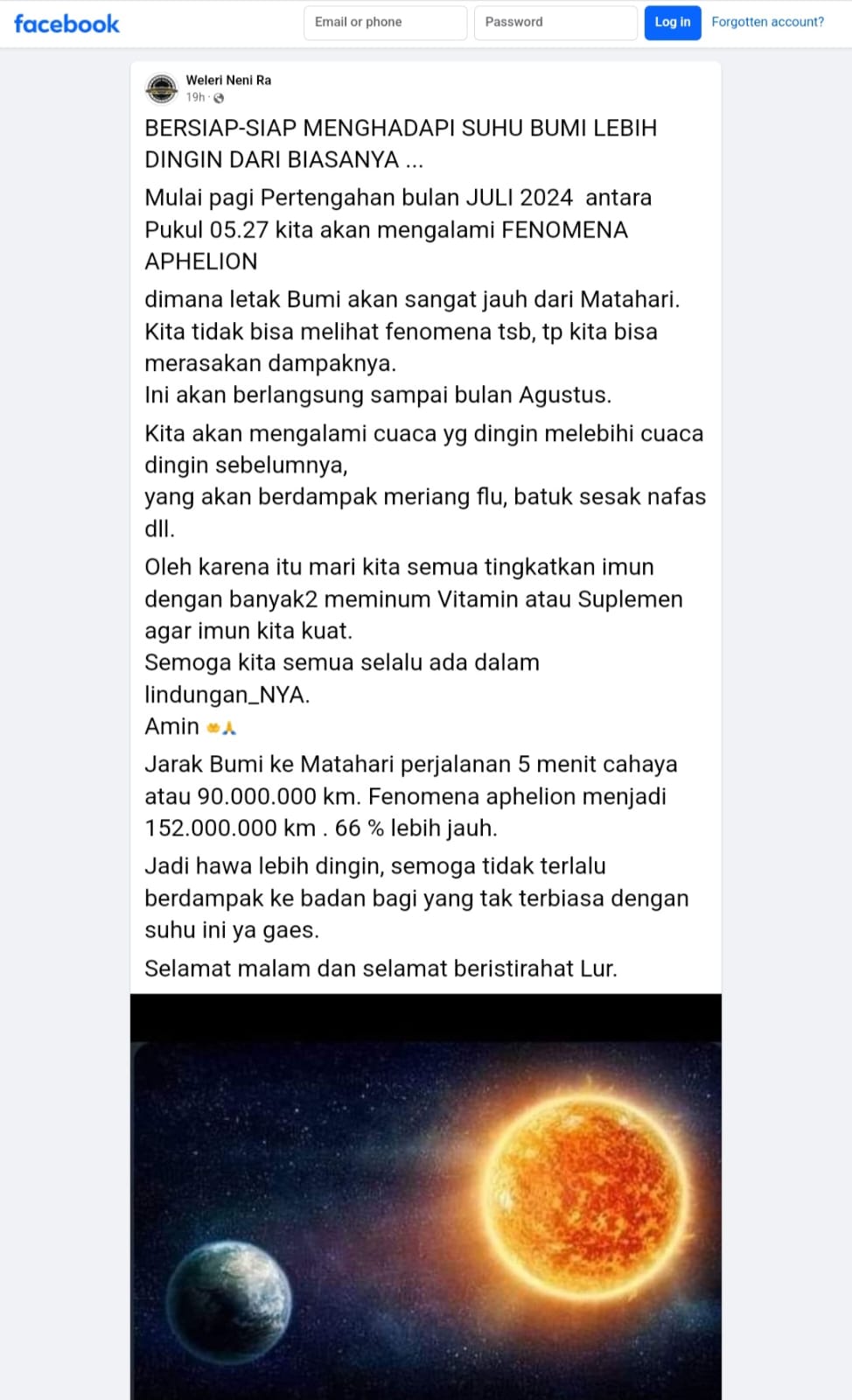 Hoax yang banyak beredar soal fenomena Aphelion. Foto: Dok. Facebook