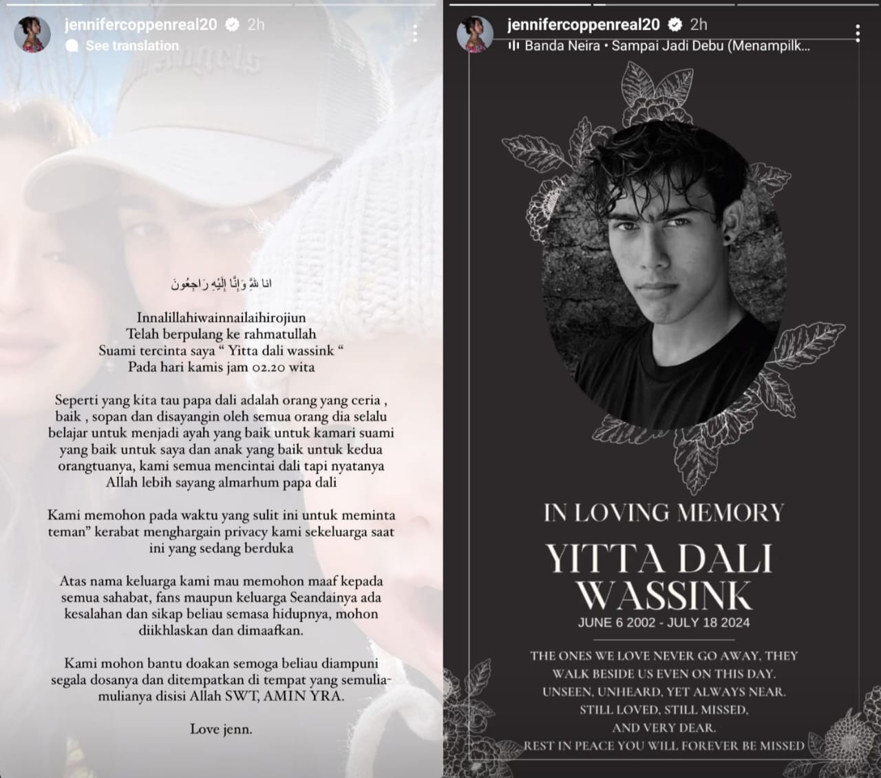 Unggahan Jennifer Coppen umumkan suaminya meninggal dunia. Foto: Dok. Instagram @jennifercoppenreal20