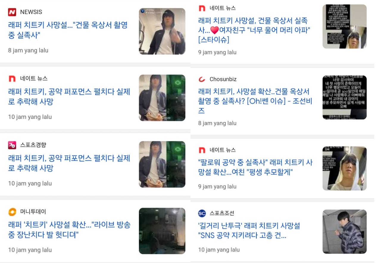 Pemberitaan media Korea soal rapper Ch1tkey yang tewas terjatuh dari atap gedung. Foto: Dok. Tangkapan layar Google