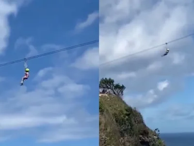 Viral video seorang bocah turis asing yang tersangkut di tengah lintasan flying fox di Bali. (Foto: X/ragamceritaid)