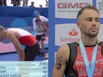 Atlet Olimpiade asal Kanada, Tyler Mislawchuk, muntah setelah menyelesaikan pertandingan triathlon di Sungai Seine, Paris, Rabu (31/7). (Foto: Dok. Triathlon World)