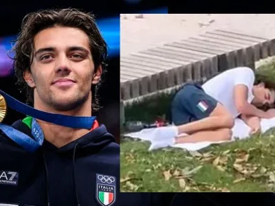 Peraih medali emas Olimpiade Paris 2024, Thomas Ceccon, tertangkap kamera tiduran di taman Kota Paris. (Foto: Getty Images)
