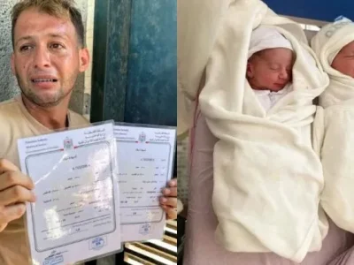 Pilu, seorang ayah di Palestina, Mohammad Abu Al-Qumsan harus kehilangan bayi kembarnya akibat serangan Israel di Gaza, Rabu (14/8). (Foto: Getty Images)