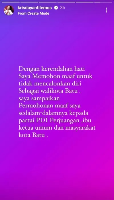 Pernyataan Krisdayanti mundur dari pencalonan Wali Kota Batu. (Foto: IG Story/krisdayantilemos)