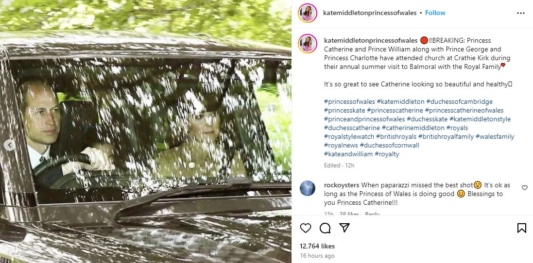 Tertangkap kamera paparazi, Pangeran William tampak mengendarai mobil bersama Kate Middleton menuju gereja. (Foto: Isntagram/katemiddletonprincessofwales)