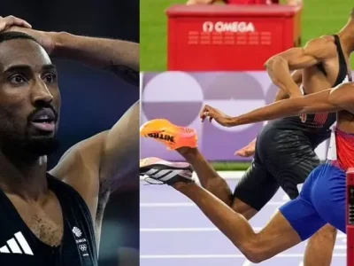 Pelari Inggris Matthew Hudson-Smith menangis setelah gagal meraih emas di nomor 400m Olimpiade Paris 2024 dengan jarak waktu yang sangat tipis. (Foto: AP)