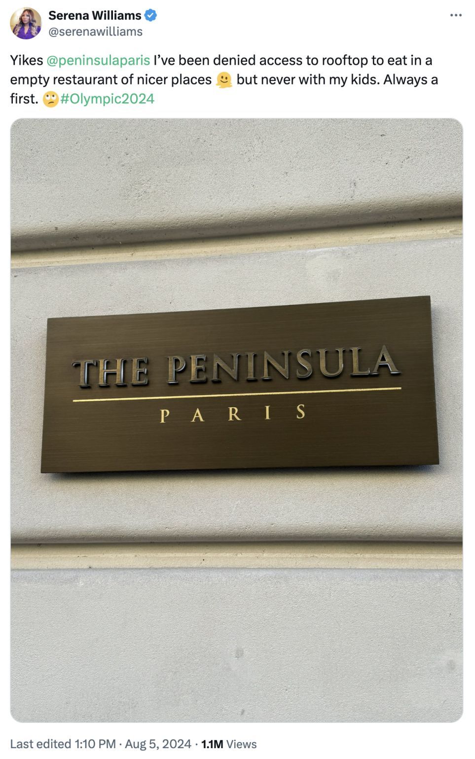 Unggahan X Serena Wiliams setelah ditolak hotel di Paris. (Foto: X/Serena Wiliams)