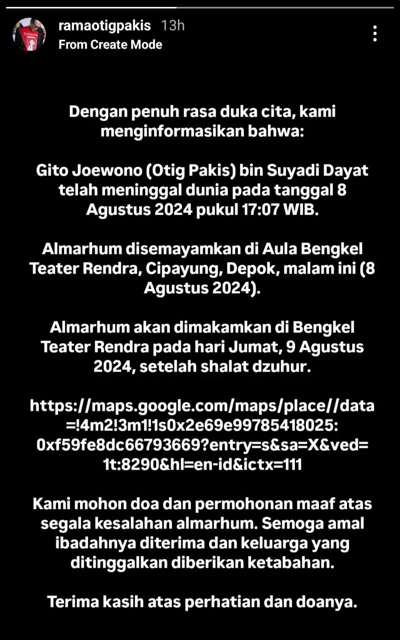 Kabar Otig Pakis wafat. Foto: Dok. Instagram @ramaotigpakis