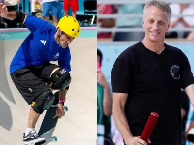 Olimpiade Paris 2024 dimeriahkan oleh Andy Macdonald, skateboarder 51 tahun, dengan aksi luar biasa dan standing ovation dari Tony Hawk (Foto: Garry Jones/Getty; AP Photo/Frank Franklin II)