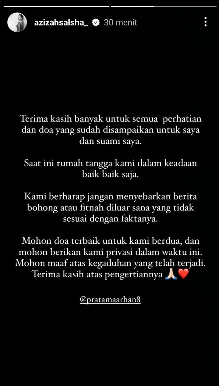 Azizah Salsha akhirnya membuka suara atas tudingan selingkuh. Foto : Instagram/azizahsalsha_