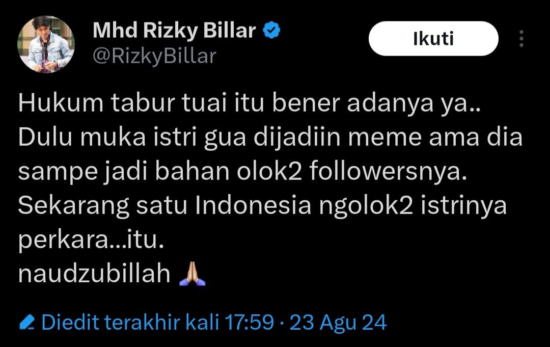 Cuitan Rizky Billar tentang Kaesang. Foto: Dok. X @RizkyBillar