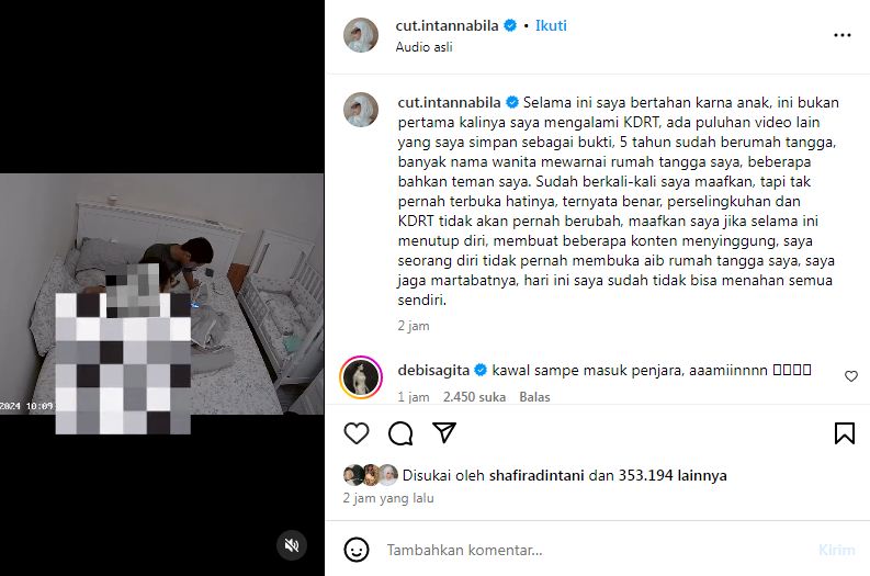 Selebgram Cut Intan Nabila menjadi korban kekerasan rumah tangga (KDRT) oleh suami. Foto : Instagram/cut.intannabila