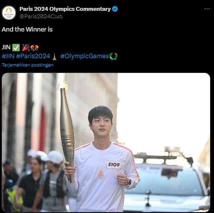 Jin BTS sukses menempati posisi Pertama dalam Sebuah Polling yang Dilakukan oleh Panitia 2024 Paris Summer Olympics. Foto : X/Paris2024Club