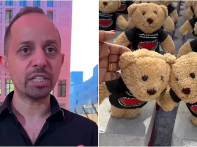 Bachir Mohamad dan teddy bear dalam ‘Echo of Lost Innocence’ yang mempresentasikan anak-anak Gaza (Foto: Instagram/aljazeeraenglish, abrar_haneef)