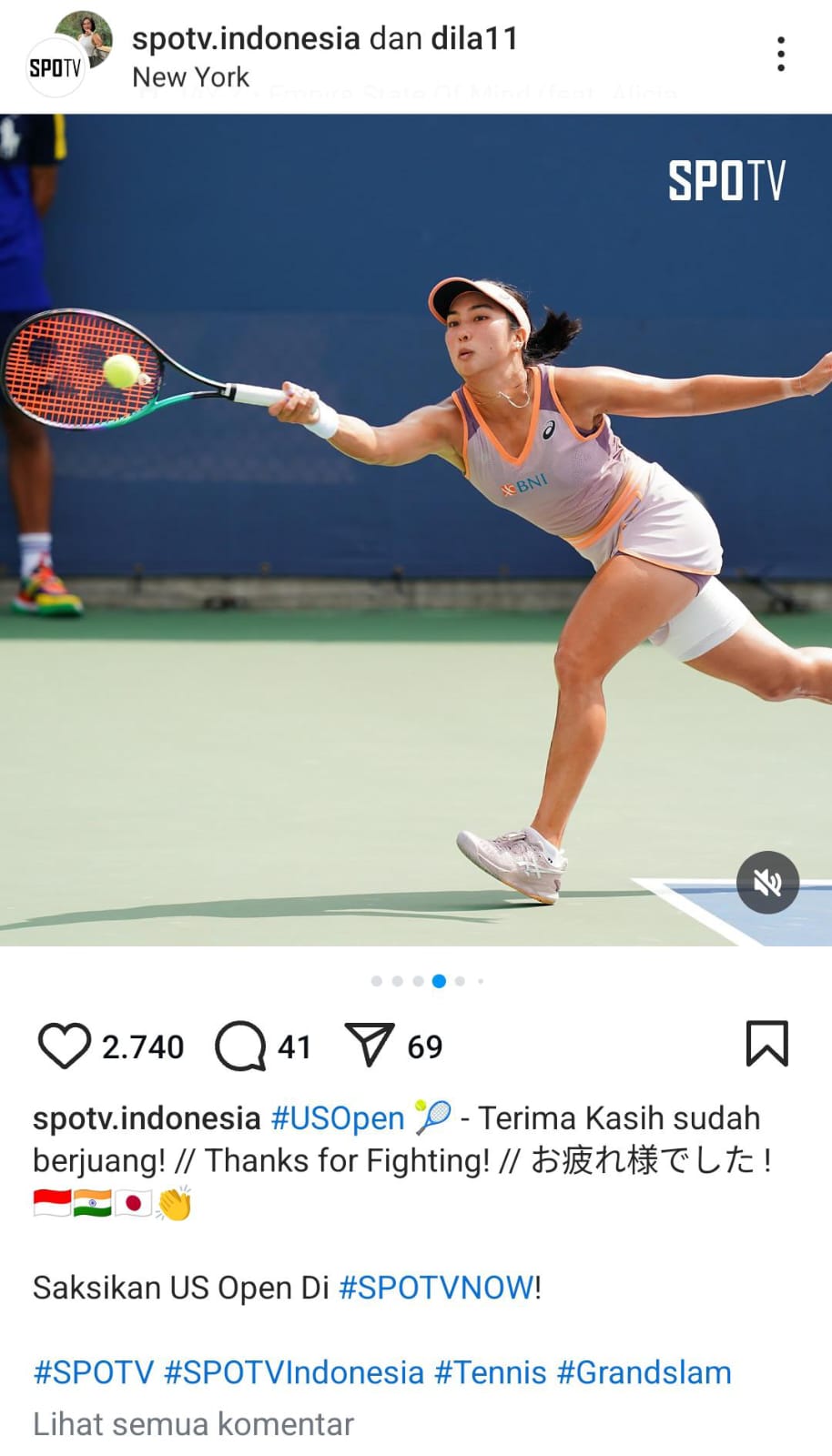 perjalanan Aldila Sutjiadi harus berakhir di semifinal ganda campuran US Open 2024. (Foto: Instagram/spottv.indonesia)
