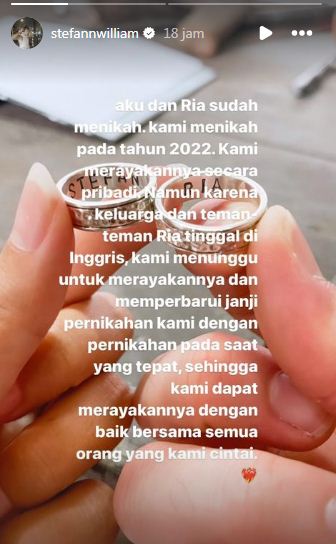 Bukti cincin pernikahan Stefan William dan Ria Andrews. (Foto: Instagram/stefanwilliam)