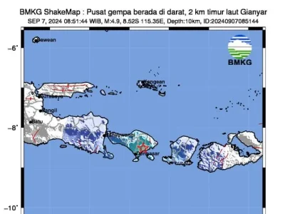 Gempa magnitude (M) 4,9 mengguncang Gianyar, Bali hari ini. Foto : X/BMKG