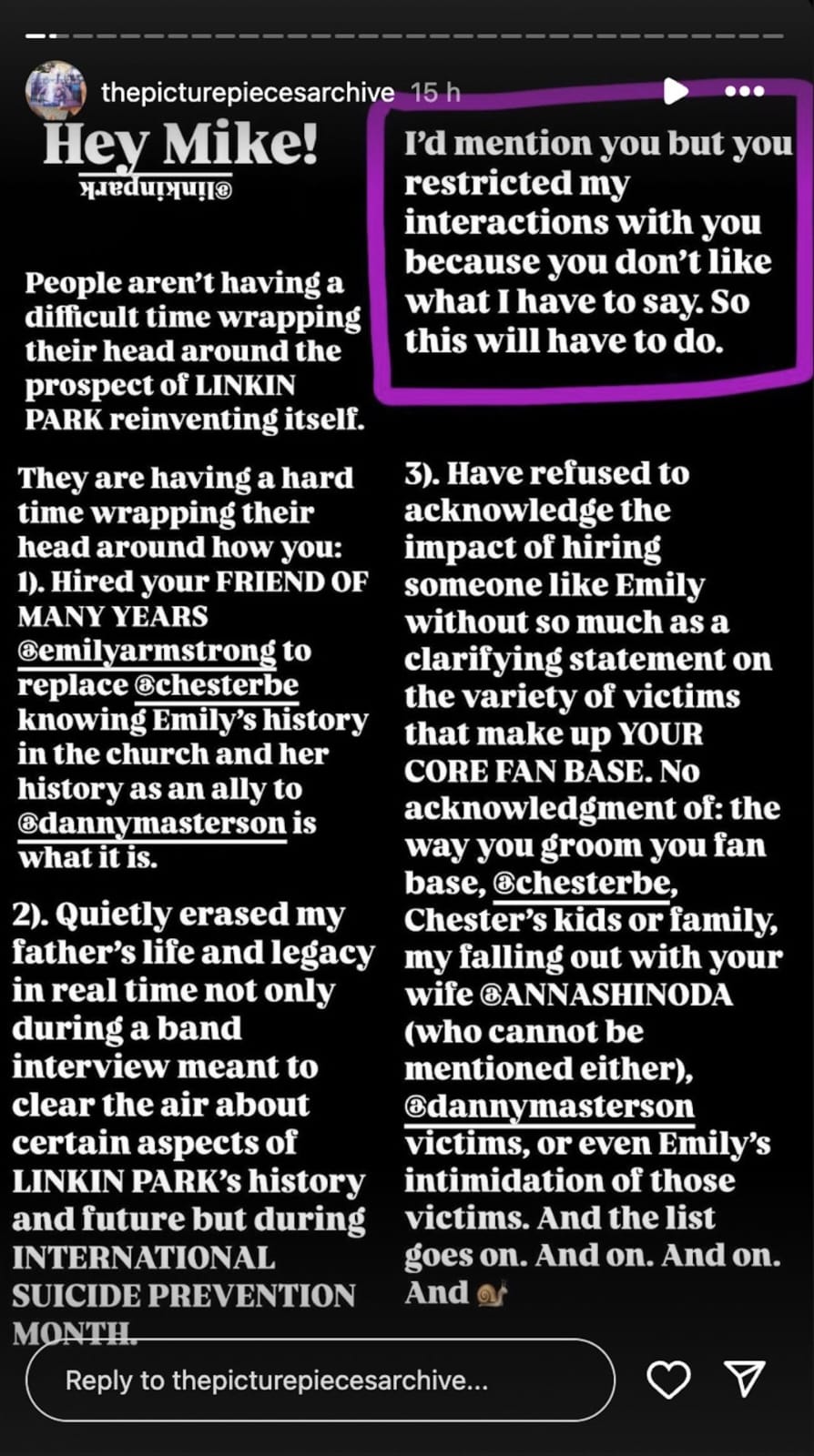 Jaime, anak mendiang Chester Bennington Instagram story screenshot. Foto: @Thepicturepiecesarchive/Instagram