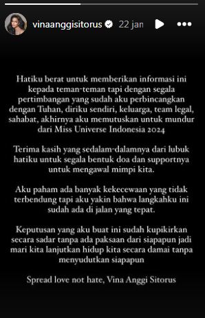 Pernyataan Vina Anggi undur diri dari ajang Miss Universe Indonesia 2024. (Foto: Instagram Story/vinaanggisitorus)